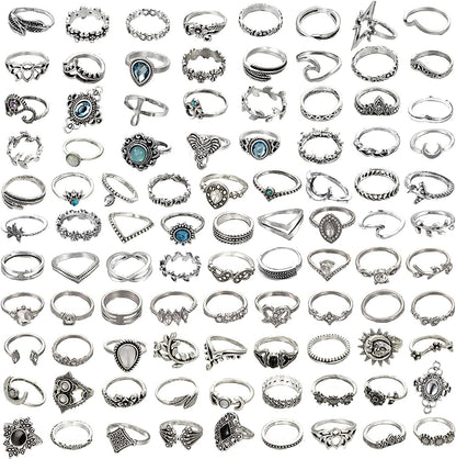 95Pcs Vintage Silver Knuckle Rings Set for Women Girls Teen, Bohemian Stackable Joint Finger Midi Rings Jewelry Set Pack
