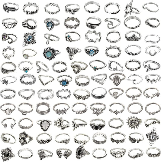 95Pcs Vintage Silver Knuckle Rings Set for Women Girls Teen, Bohemian Stackable Joint Finger Midi Rings Jewelry Set Pack