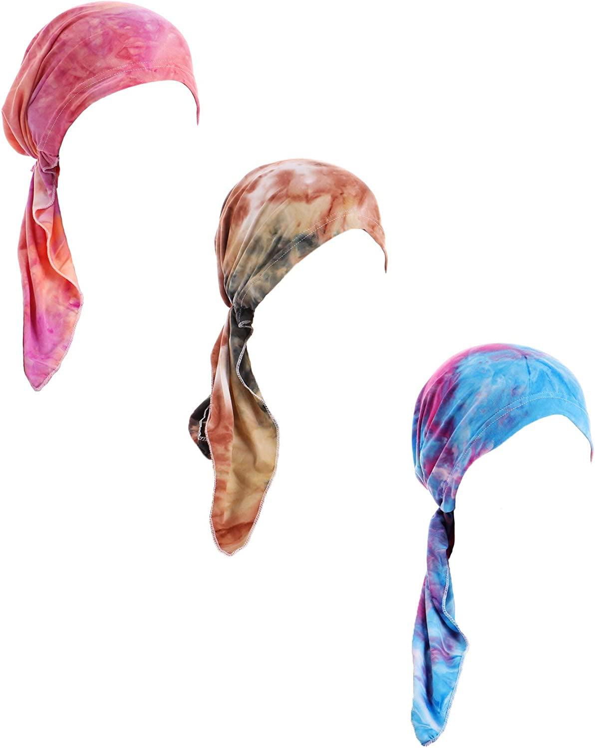 Pre Tied Chemo Head Scarf 3 Packed Beanie Skull Cover Cap for Women (Set6-Long Style) Apparel & Accessories > Clothing Accessories > Bandanas & Headties Qovelly D4-long Strap-3packed  