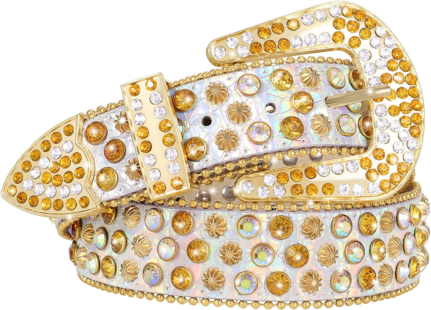 Men Women Fashion Rhinestone Belt SUOSDEY Western Cowgirl Bling Studded Design Leather Diamond Belt for Jeans Dress Apparel & Accessories > Clothing Accessories > Belts SUOSDEY 10-silver XL：fits waist size 43''-47'' 