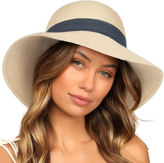 FURTALK Sun Hats for Women Wide Brim Straw Hat Beach Hat UPF UV Foldable Packable Cap for Travel Apparel & Accessories > Clothing Accessories > Hats KYLIE MAX Beige+blue Ribbon Medium 