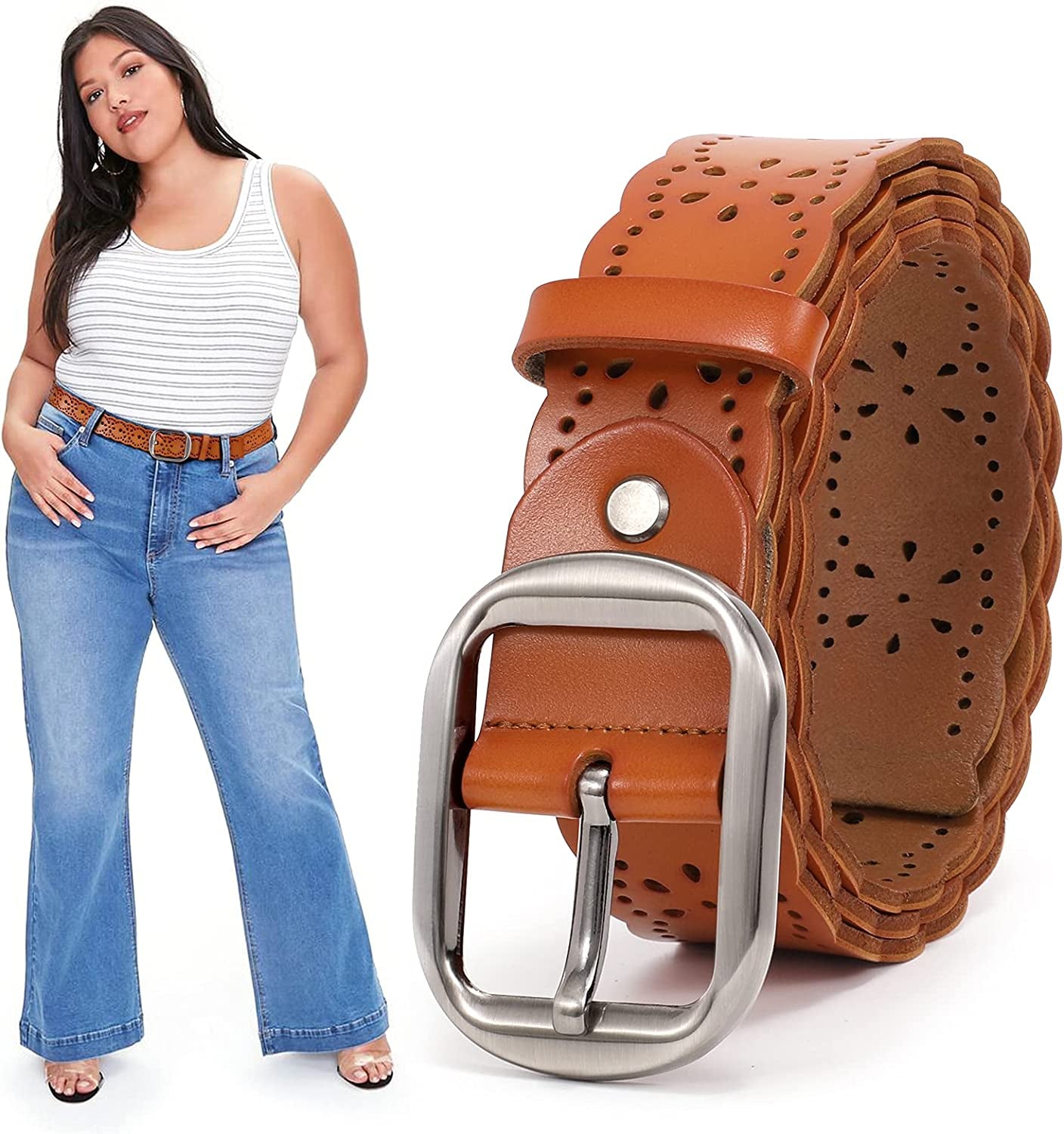JASGOOD Women'S plus Size Belt, Hollow Flower Leather Belt for Jeans Pants Wide Belt with Metal Buckle Apparel & Accessories > Clothing Accessories > Belts KYLIE MAX C-brown Suitable for pant size 43-49" 