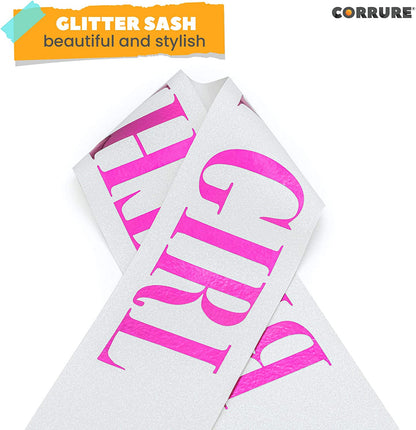 CORRURE 'Birthday Girl' Sash Glitter with Pink Foil - White Glitter Happy Birthday Sash for Women - Party Favors Supplies and Decorations for Sweet 16, 18Th 21St 30Th 40Th or Any Bday Party Apparel & Accessories > Clothing Accessories > Sashes CORRURE   