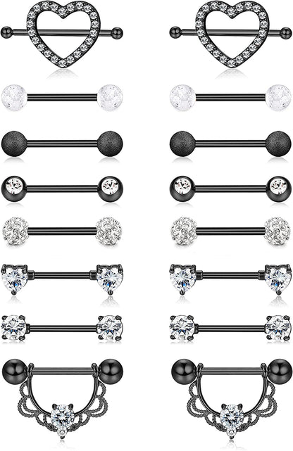FINREZIO 6-8 Pairs 14G Nipple Rings 316L Surgical Steel Heart CZ Tongue Barbell Body Piercing Shield Ring Set 5/8 Inches Apparel & Accessories > Jewelry > Body Jewelry FINREZIO Black  