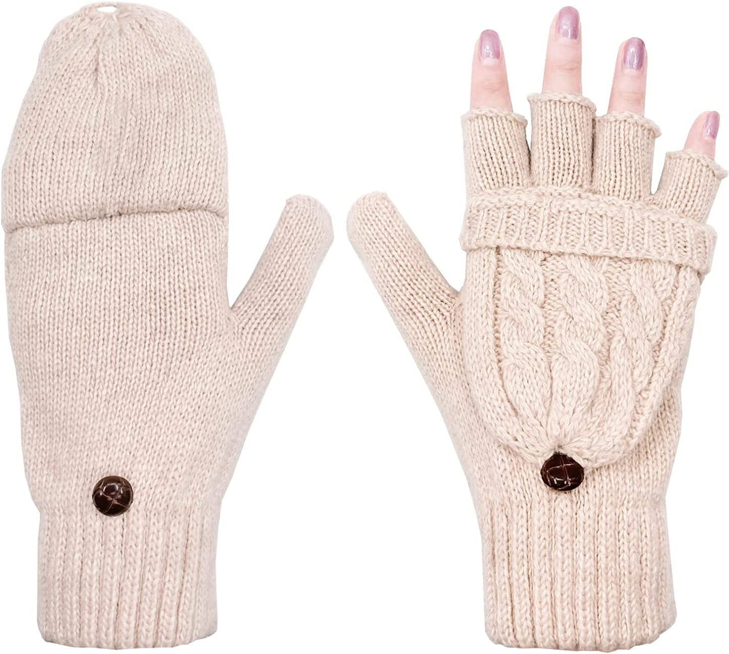 Beurlike Women'S Winter Gloves Warm Wool Knitted Convertible Fingerless Mittens Apparel & Accessories > Clothing Accessories > Gloves & Mittens Beurlike Beige  