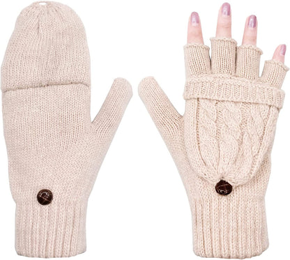 Beurlike Women'S Winter Gloves Warm Wool Knitted Convertible Fingerless Mittens Apparel & Accessories > Clothing Accessories > Gloves & Mittens Beurlike Beige  