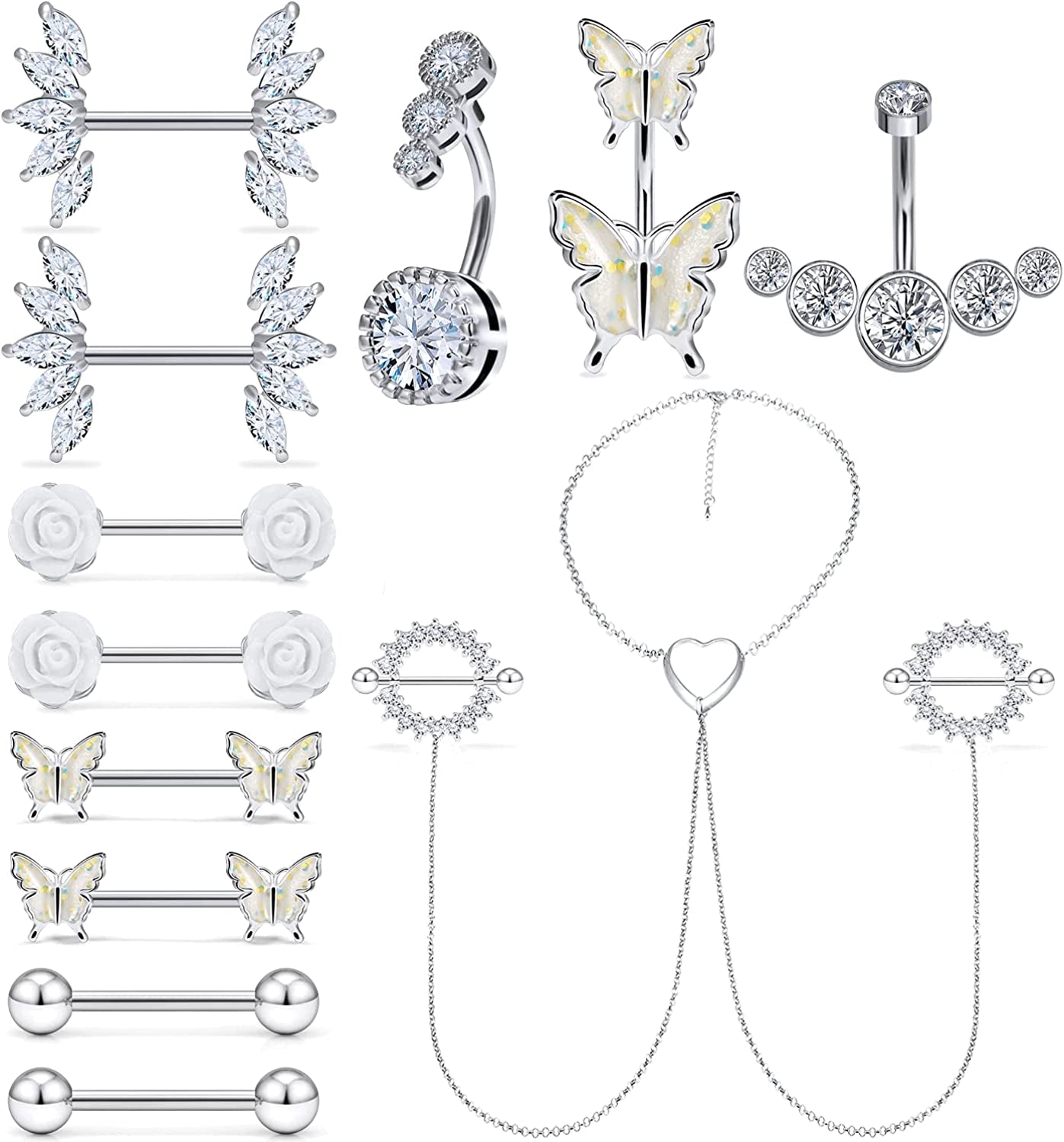 Pexveiuu 16Pcs Nipple Rings Chain and Belly Burron Ring for Women Surgical Steel Nipple Belly Navels Barbells Bar Piercing Apparel & Accessories > Jewelry > Body Jewelry Pexveiuu Silver  