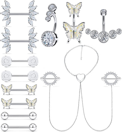 Pexveiuu 16Pcs Nipple Rings Chain and Belly Burron Ring for Women Surgical Steel Nipple Belly Navels Barbells Bar Piercing Apparel & Accessories > Jewelry > Body Jewelry Pexveiuu Silver  