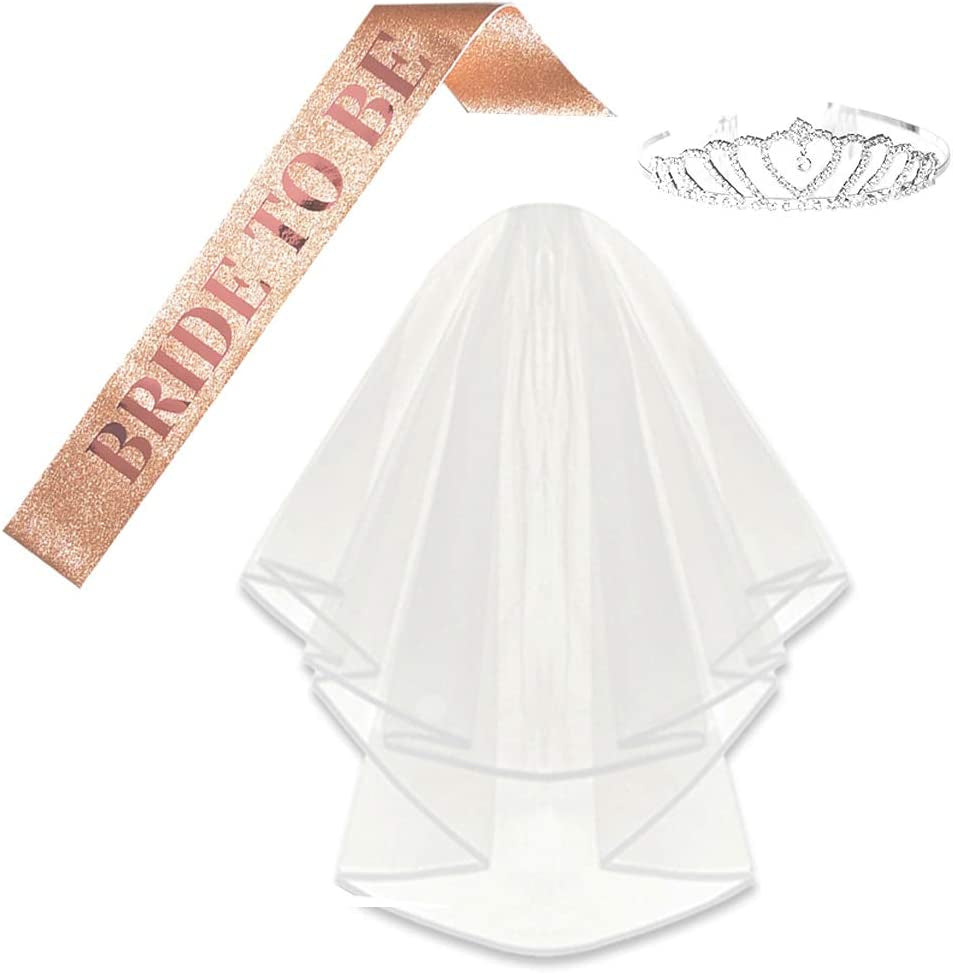 Rose Gold Glitter Bride to Be Sash and Glitter Rhinestone Bride Tiara and White Double Ribbon Edge Center Cascade Veil with Comb Bachelorette Party Apparel & Accessories > Clothing Accessories > Sashes KUNG FU PARTY   