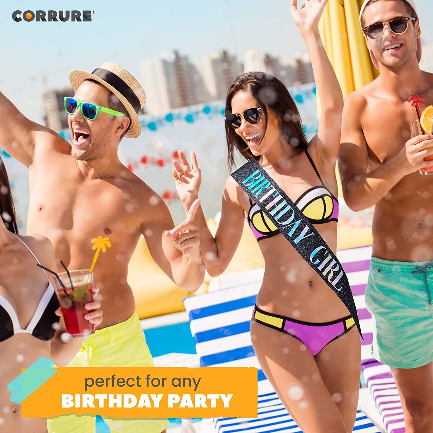 CORRURE 'Birthday Girl' Sash Glitter with Multicolor Foil - Black Glitter Happy Birthday Sash for Women - Party Favors Supplies and Decorations for Sweet 16, 18Th 21St 30Th 40Th or Any Bday Party Apparel & Accessories > Clothing Accessories > Sashes CORRURE   