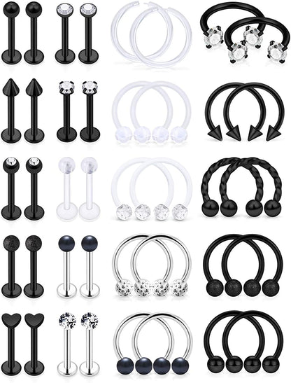 Hoeudjo 16G Surgical Steel Lip Rings Clear Diamond CZ Labret Studs Tragus Horseshoe Ring Helix Hoop Earring Body Jewelry Piercing Retainer for Women Men 8Mm Apparel & Accessories > Jewelry > Rings Hoeudjo 40pcs 16g black 8.0 Millimeters 