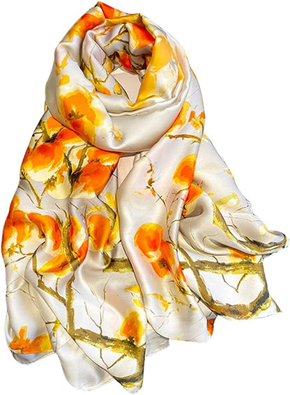 Fashion Scarves 100% Silk Felling Scarf Long Lightweight Sunscreen Shawls Wrap for Women Hair Scarves Apparel & Accessories > Clothing Accessories > Scarves & Shawls Aufeel Persimmon Print  