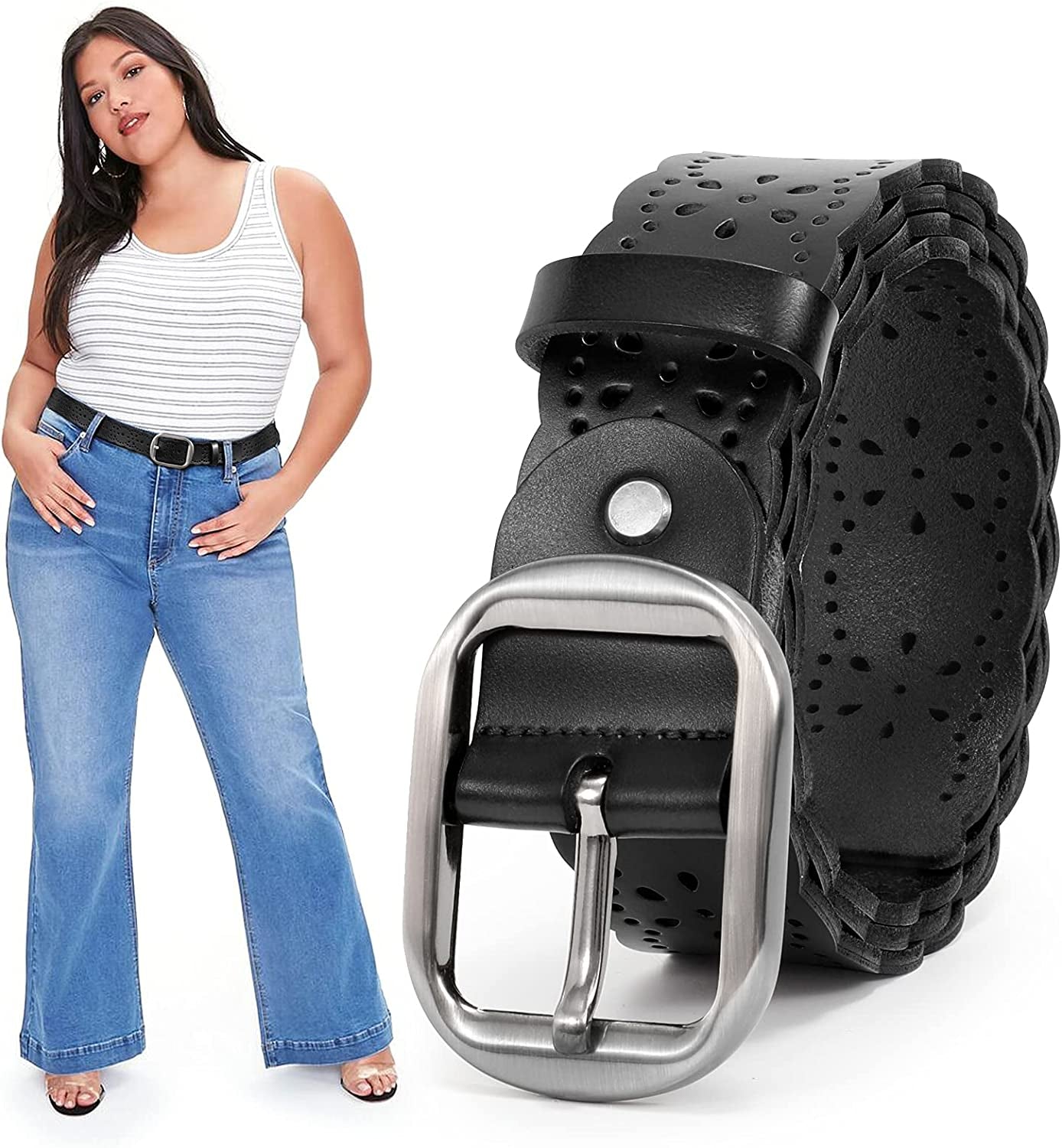 JASGOOD Women'S plus Size Belt, Hollow Flower Leather Belt for Jeans Pants Wide Belt with Metal Buckle Apparel & Accessories > Clothing Accessories > Belts KYLIE MAX B-black Suitable for pant size 43-49" 