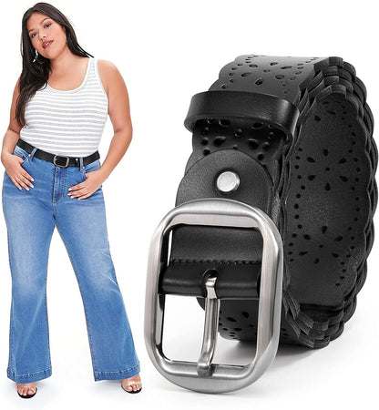 JASGOOD Women'S plus Size Belt, Hollow Flower Leather Belt for Jeans Pants Wide Belt with Metal Buckle Apparel & Accessories > Clothing Accessories > Belts KYLIE MAX B-black Suitable for pant size 43-49" 