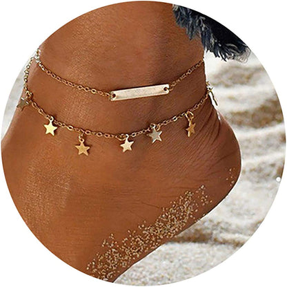 Kyerlyn Dainty Simple Chain Anklet for Women 18K Gold/Silver Plated Summer Beach Beaded Evil Eye Moon Figaro Butterfly Satellite Cuban Pearl Flat Marina Anklet Gift Apparel & Accessories > Jewelry > Anklets Kyerlyn Layered Bar Star -Gold  