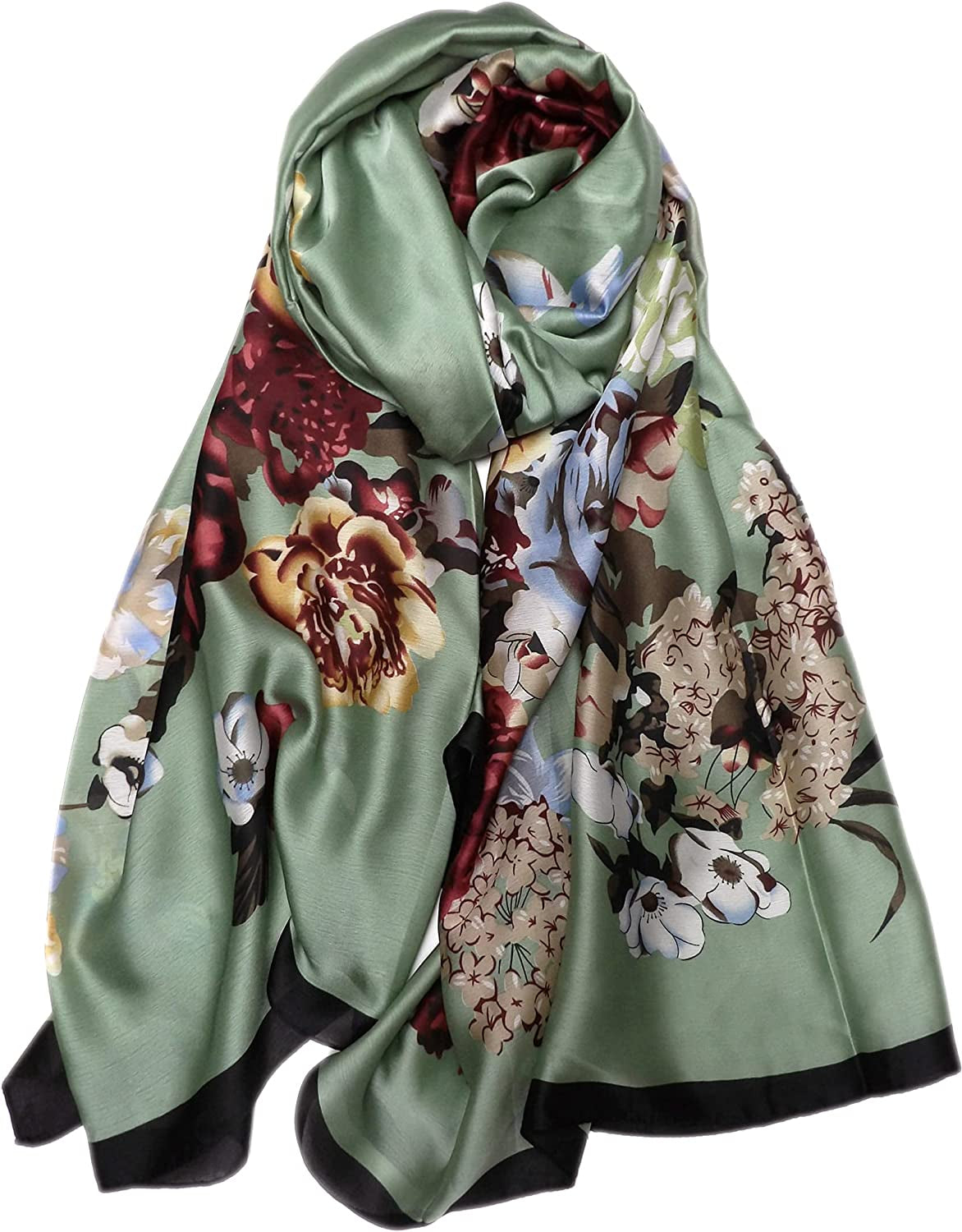Iristide Long Silk Scarf Summer Lightweight Satin Shawl Outdoor Floral Large Wrap 70''X35'' Apparel & Accessories > Clothing Accessories > Scarves & Shawls Iristide 18-green  