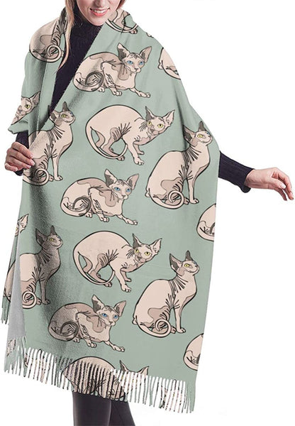 Scarf Shawl Hairless Naked Cats Sphynx Cats Scarf Fashion Tassels Long Soft Warm Luxurious Gift Scarf for Women Men Apparel & Accessories > Clothing Accessories > Scarves & Shawls qaxcdmky Hairless Naked Cats Sphynx Cats Pattern 1 One Size 