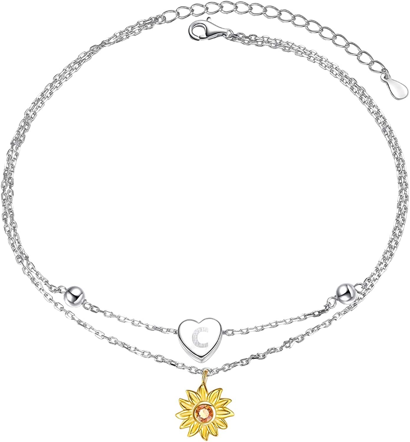Sterling Silver Layered Chain Alphabet Letter Initial with Sunflower Beads Foot Bracelet Anklet for Women Apparel & Accessories > Jewelry > Anklets ATHENAA Jewelry Factory C  