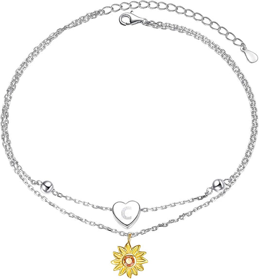 Sterling Silver Layered Chain Alphabet Letter Initial with Sunflower Beads Foot Bracelet Anklet for Women Apparel & Accessories > Jewelry > Anklets ATHENAA Jewelry Factory C  