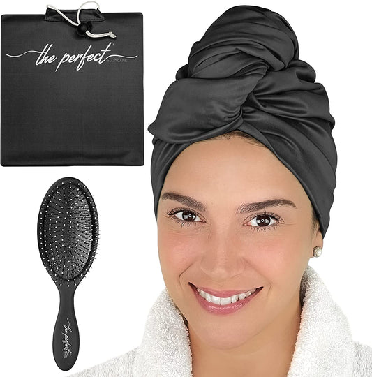 Ultra-Fine Microfiber Hair Towel Wrap & Wet/Dry Detangling Hair Brush - the Perfect Haircare - Anti-Frizz Turban for Curly or Wavy Haired Women Girls & Kids - Quick Drying - Good for Travel (Black) Health & Beauty > Personal Care > Hair Care THE PERFECT HAIRCARE Black  