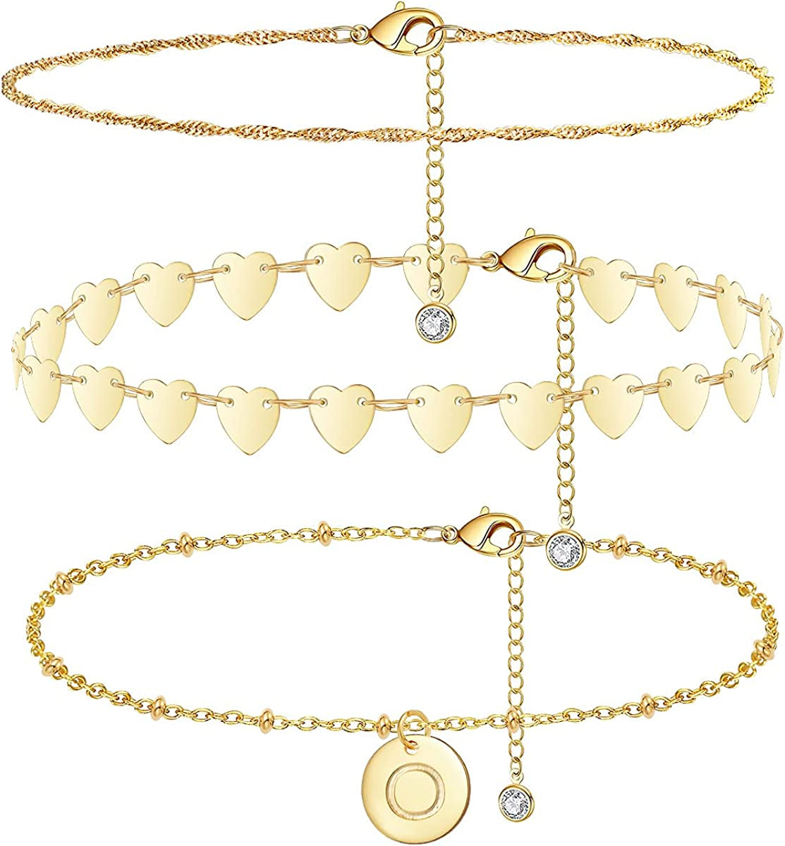 Initial Gold Ankle Bracelets for Women 14K Gold Plated Anklet Heart Chain Anklet Dainty Engraved a to Z Letter Charm Alphabet Satellite Beaded Layered Anklet Set 3Pcs Apparel & Accessories > Jewelry > Anklets Vermeyen O  