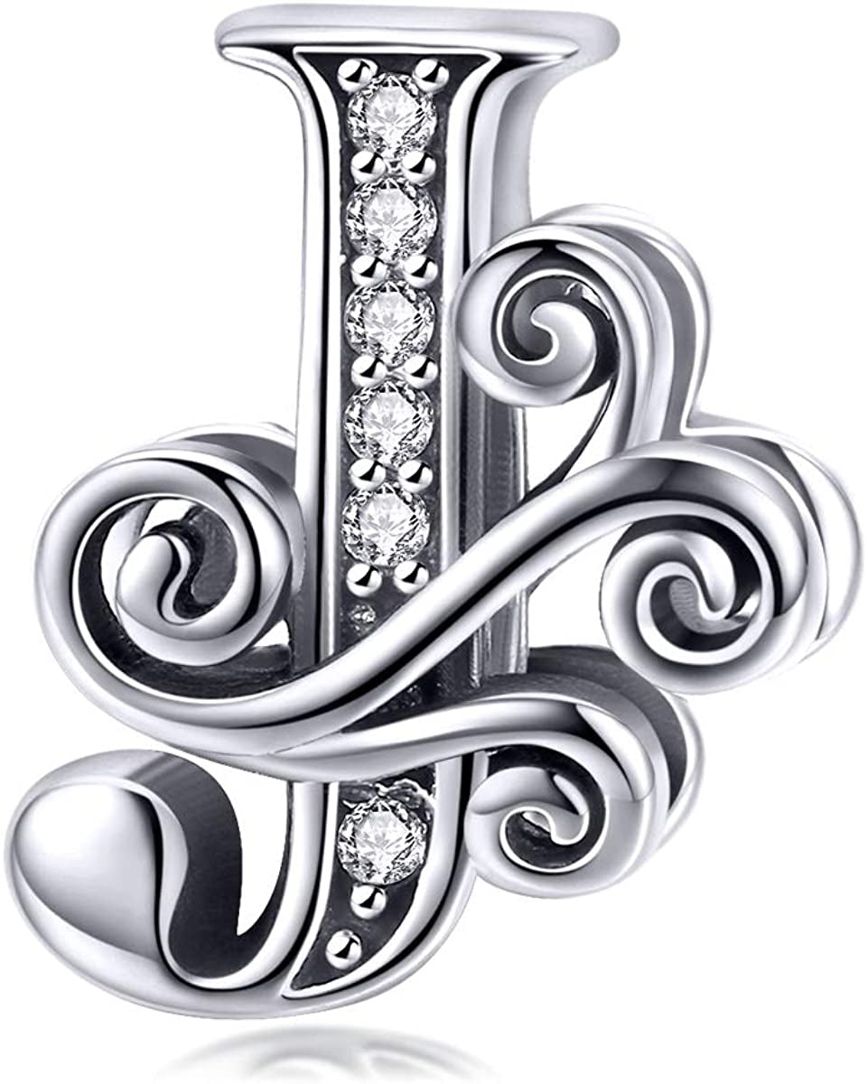 Solid 925 Sterling Silver with Cubic Stones, Complete A~Z Gift Options Alphabet Charm Letter Beads Fit Pandora European Bracelets Apparel & Accessories > Jewelry > Bracelets ABAOLALA ALPHABET J  