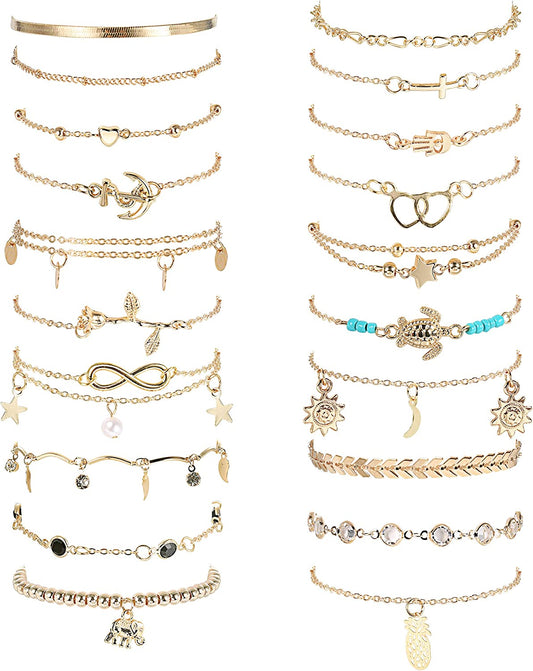 LOYALLOOK 20Pcs Ankle Bracelets for Women Adjustable Beach Anklet Set Star Heart Turtle Infinite Anklets Apparel & Accessories > Jewelry > Anklets LOYALLOOK Gold Tone  