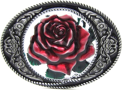 MASOP VOGU Vintage Oval Flower Rose Belt Buckle Cowgirl Girl Mens Rodeo Floral Metal Apparel & Accessories > Clothing Accessories > Belts MASOP VOGU Red  