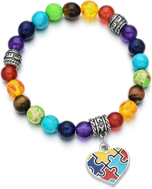 Pdouself Puzzle Piece Autism Autistic Bracelet 7 Chakra Beads Elastic Jewelry Bracelet Apparel & Accessories > Jewelry > Bracelets Pdouself   