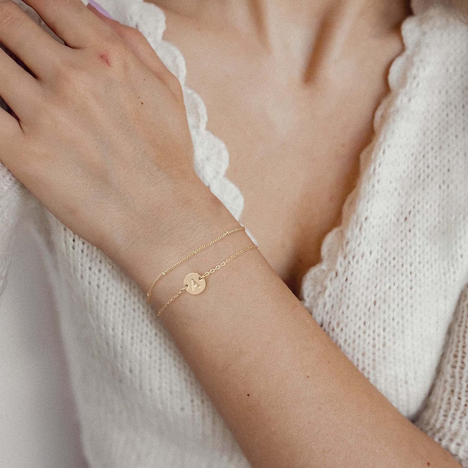 MONOZO Gold Initial Bracelets for Women, Dainty 14K Gold Filled Layered Beaded Letter Initial Bracelet Personalized 26 Alphabet Disc Monogram Charm Bracelet Jewelry Gifts for Girls Apparel & Accessories > Jewelry > Bracelets MONOZO   