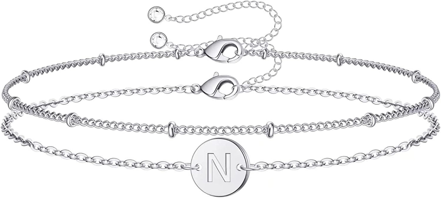 Silver Initial Bracelets for Women Teen Girls, 14K White Gold Filled Layered Letter Initial Bracelet Dainty Disc Initial Charm Bracelets Silver Bracelets for Women Girls Jewelry Gifts for Girls Apparel & Accessories > Jewelry > Bracelets MONOZO N  