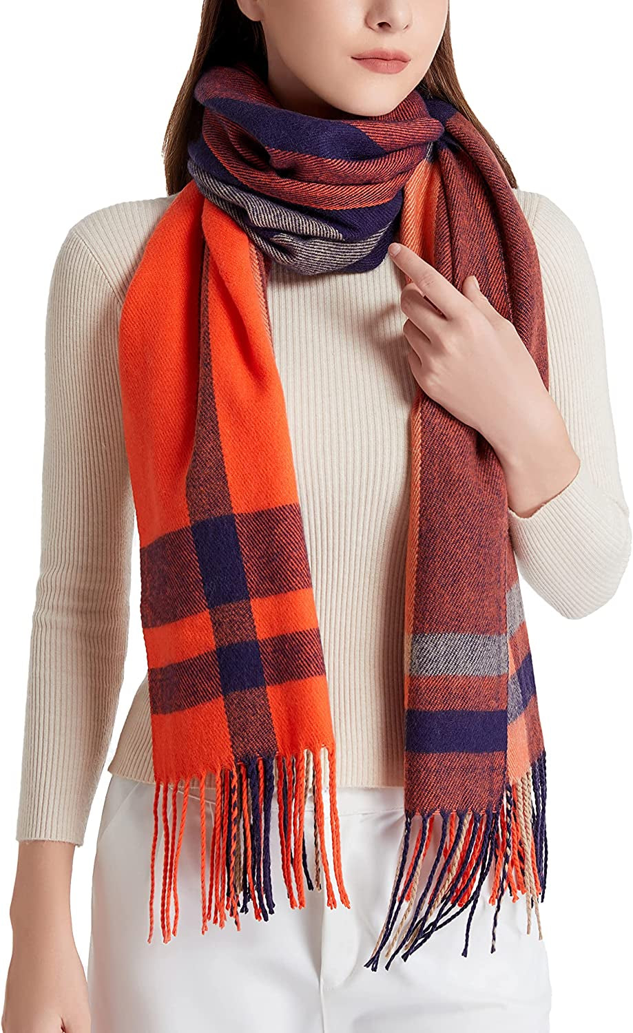 Wander Agio Women'S Fashion Long Shawl Big Grid Winter Warm Lattice Large Scarf Apparel & Accessories > Clothing Accessories > Scarves & Shawls Wander Agio Dark Orange 13  