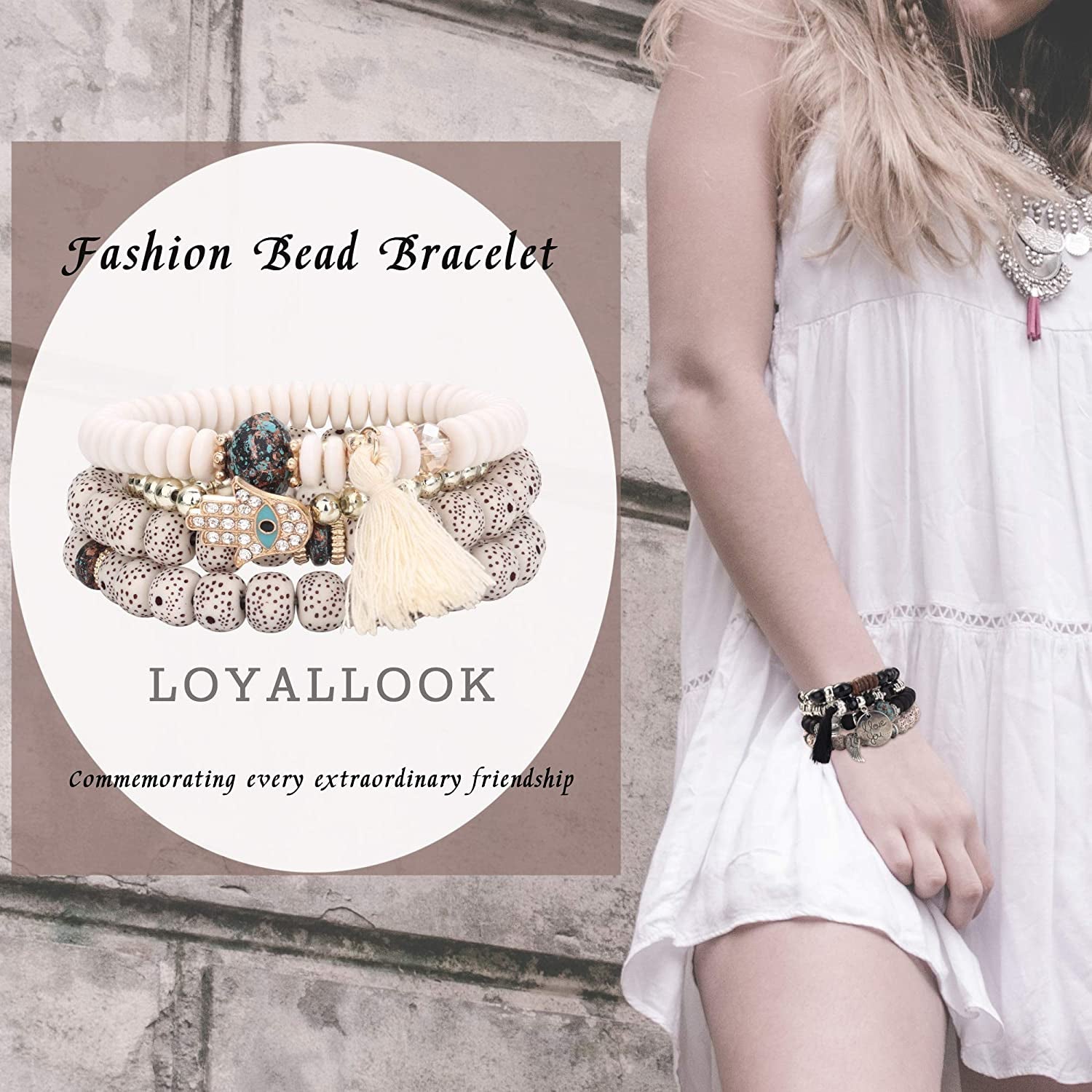 LOYALLOOK 8 Sets Bohemian Stretch Wood Beaded Bracelets for Women Boho Tassel Bracelet Set Bead Strand Bangle Charm Multilayer Stackable Bracelets Apparel & Accessories > Jewelry > Bracelets LOYALLOOK   