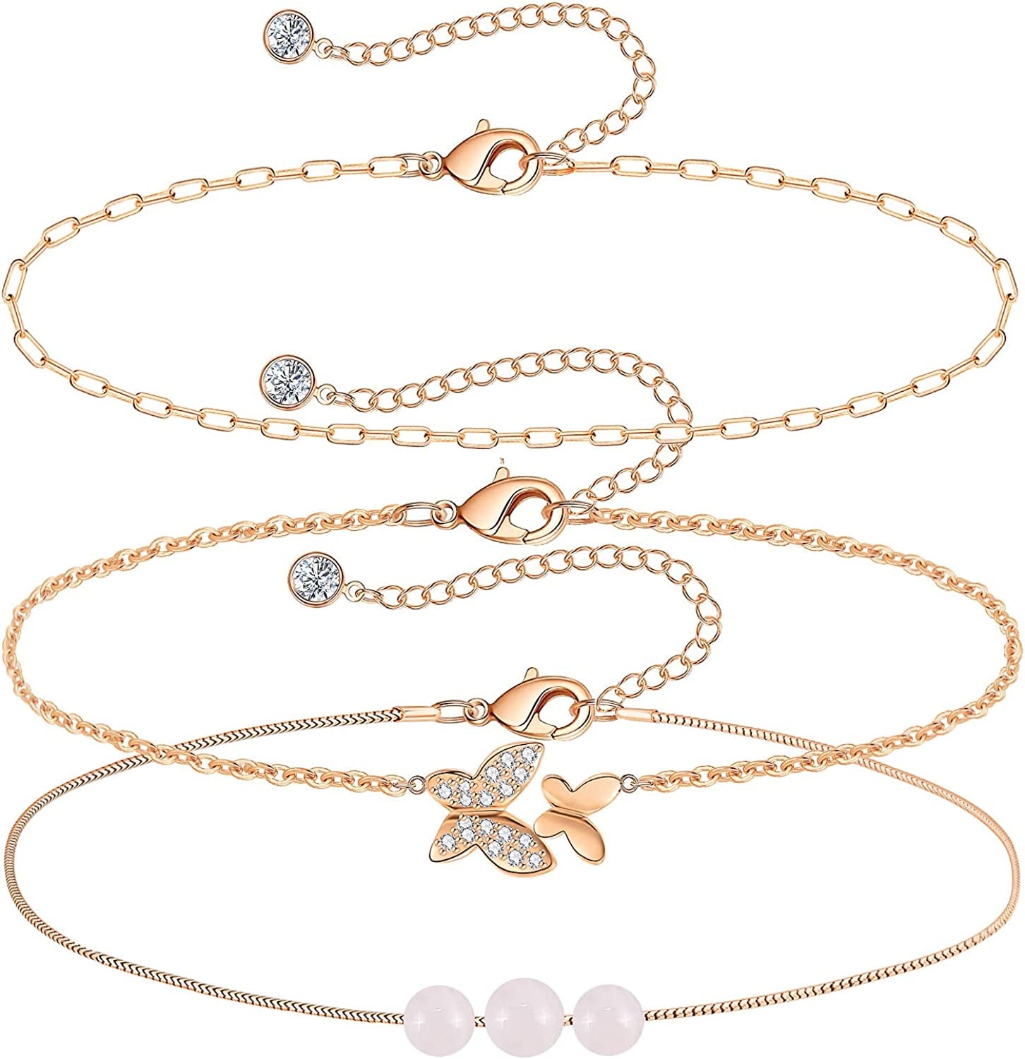 Gold Ankle Bracelets for Women 14K Gold Plated Anklet Silver Evil Eye Butterfly Star Rose Quartz Bead Box Paperclip Chain Dainty Layered Anklet Set 3Pcs Jewelry Gifts for Teen Girls Apparel & Accessories > Jewelry > Anklets Budding Gallery M-Rose Gold-Butterfly  