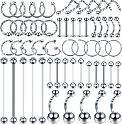 Oveta 55-150PCS Body Piercing Jewelry Lot 14G 16G 20G Stainless Steel Nose Lip Tongue Cartilage Tragus Eyebrow Industrial Barbell Belly Button Rings Piercing Kit Jewelry Apparel & Accessories > Jewelry > Body Jewelry Oveta 55pcs-Silver  