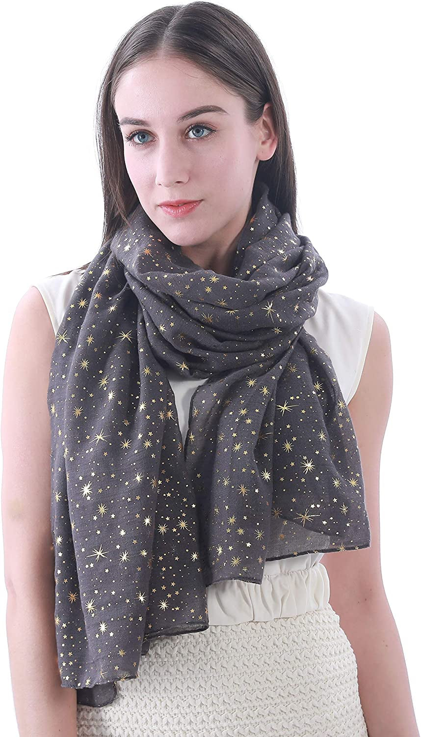 Lina & Lily Silver Gold Glitters Shimmer Foil Stars Women Scarf Shawl Wrap Apparel & Accessories > Clothing Accessories > Scarves & Shawls Lina & Lily Dark Grey (Gold Stars)  