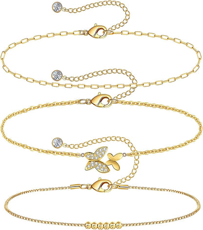 Gold Ankle Bracelets for Women 14K Gold Plated Anklet Silver Tennis Butterfly Star Coin Quartz Bead Snake Paperclip Chain Dainty Layered Anklet Set 3Pcs Jewelry Gifts for Teen Girls Apparel & Accessories > Jewelry > Anklets Vermeyen G-Yellow Gold-Butterfly  