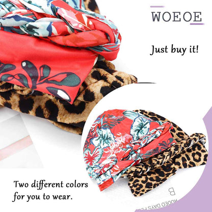 Woeoe African Turban Leopard Print Stretch Headwear Print Pattern Head Scarf Elastic Beanie Cap Head Wrap for Women and Girls(2 Pieces) Red Apparel & Accessories > Clothing Accessories > Headwear Woeoe   
