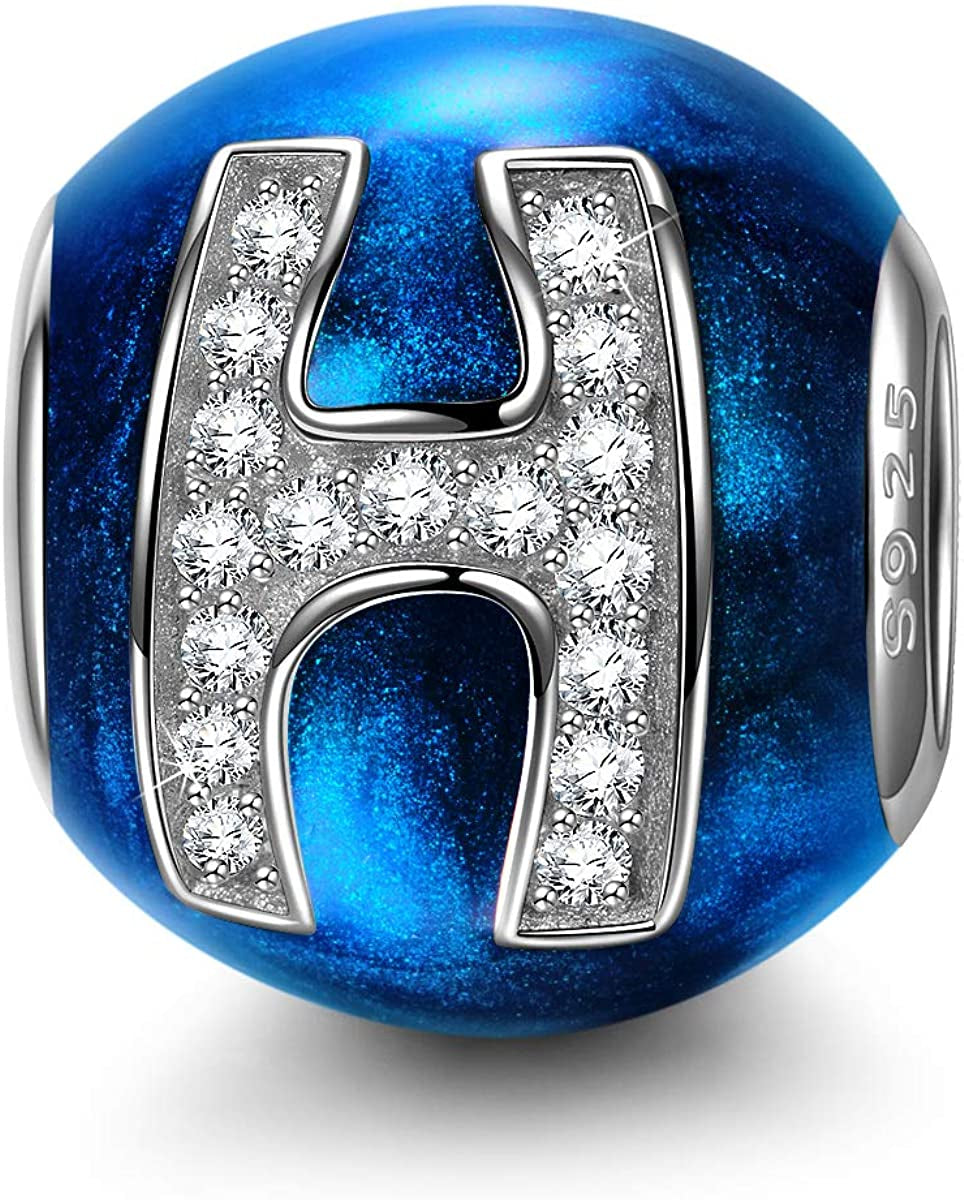 NINAQUEEN Letter Charms A-Z Beads, 925 Sterling Silver with Enamel and Cubic Zirconia, Fit Charms Bracelet and Necklace, Jewelry Box for Personalized Gift Apparel & Accessories > Jewelry > Bracelets NINAQUEEN H  