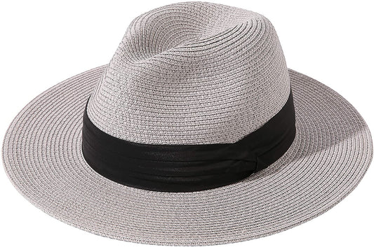 Lanzom Women Wide Brim Straw Panama Roll up Hat Belt Buckle Fedora Beach Sun Hat UPF50+ Apparel & Accessories > Clothing Accessories > Hats Lanzom 02-fold Belt Grey One Size 