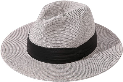 Lanzom Women Wide Brim Straw Panama Roll up Hat Belt Buckle Fedora Beach Sun Hat UPF50+ Apparel & Accessories > Clothing Accessories > Hats Lanzom 02-fold Belt Grey One Size 