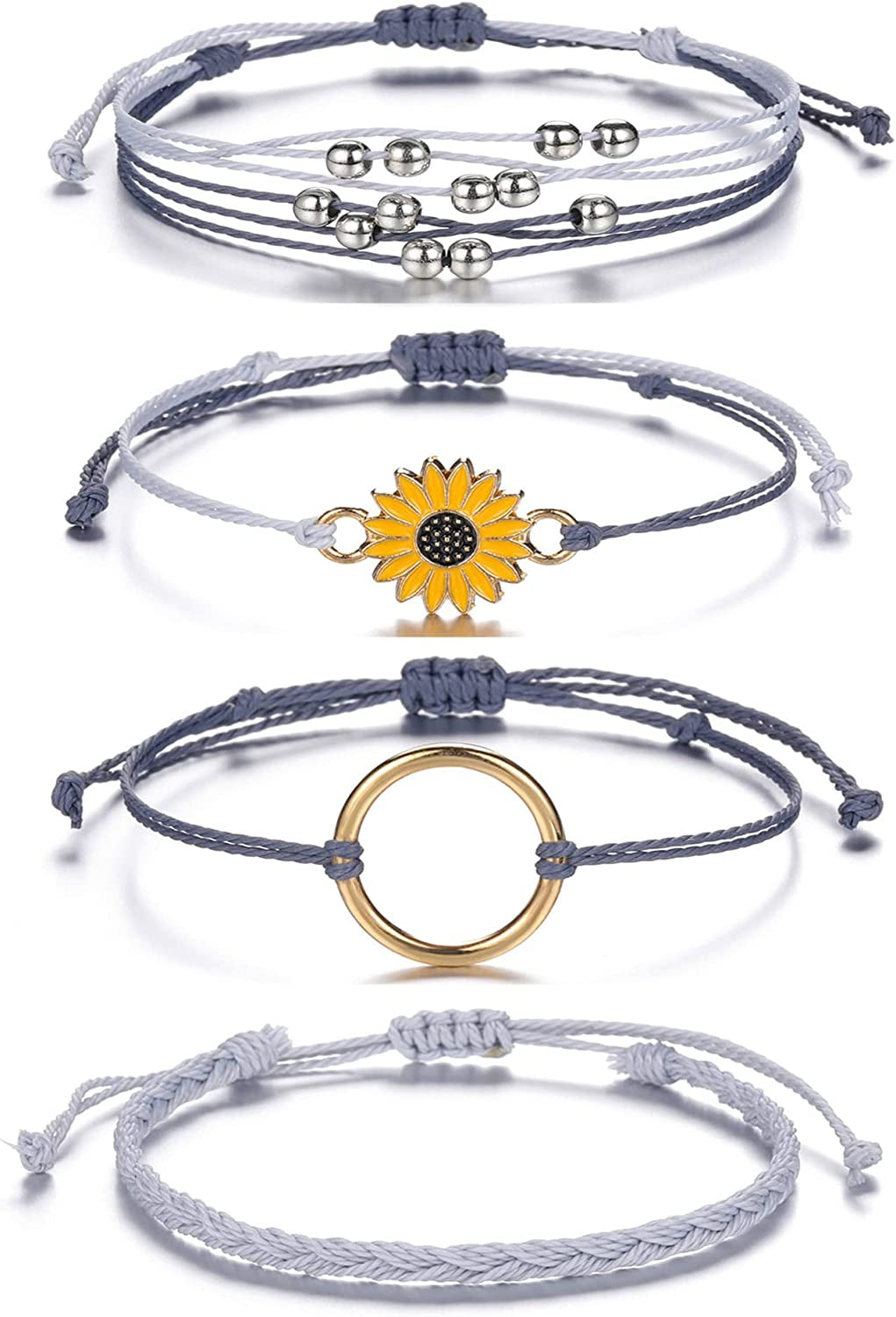 Top Plaza 4 Pcs Summer Surfer Wave Anklet Bracelets for Women Adjustable Strand Braided String Rope Bracelets Sunflower Friendship Bracelets Ocean Beach Jewelry for Women Teen Girls Apparel & Accessories > Jewelry > Anklets Top Plaza Gray Blue -4 Pcs  