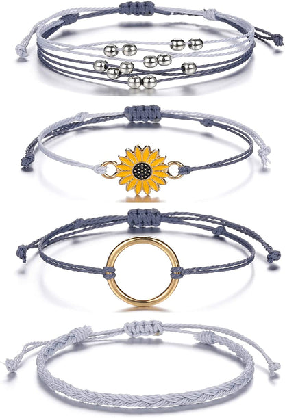 Top Plaza 4 Pcs Summer Surfer Wave Anklet Bracelets for Women Adjustable Strand Braided String Rope Bracelets Sunflower Friendship Bracelets Ocean Beach Jewelry for Women Teen Girls Apparel & Accessories > Jewelry > Anklets Top Plaza Gray Blue -4 Pcs  