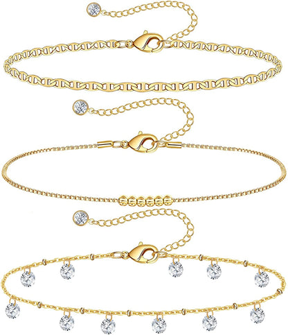 Gold Ankle Bracelets for Women 14K Gold Plated Anklet Silver Rose Gold Evil Eye Tennis Crystal Cubic Zirconia Faux Diamond Rhinestone Anklet Dainty Layered Anklet Set 3Pcs Apparel & Accessories > Jewelry > Anklets Vermeyen D-Yellow Gold Flat Mariner  