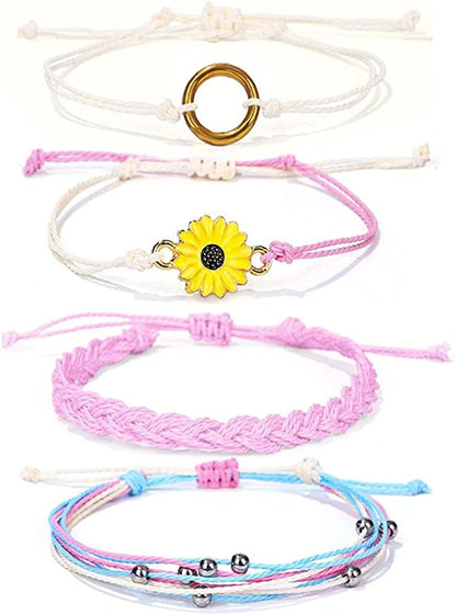 Caiyao 4 Pcs Summer Surfer Wave Anklet Bracelets Adjustable Strand Braided String Rope Bracelets Waterproof Handmade Sunflower Bracelets Anklets Jewelry for Women Teen Girls Apparel & Accessories > Jewelry > Anklets InShine Pink  