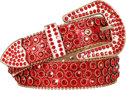 Men Women Fashion Rhinestone Belt SUOSDEY Western Cowgirl Bling Studded Design Leather Diamond Belt for Jeans Dress Apparel & Accessories > Clothing Accessories > Belts SUOSDEY 06-red XL：fits waist size 43''-47'' 
