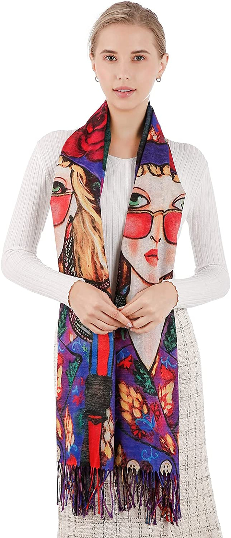 Women'S Fashion Scarf with Art Printed Tassel Soft Cashmere Warm Large Blanket Wrap Shawl for Gift Apparel & Accessories > Clothing Accessories > Scarves & Shawls XYBJ Purple  