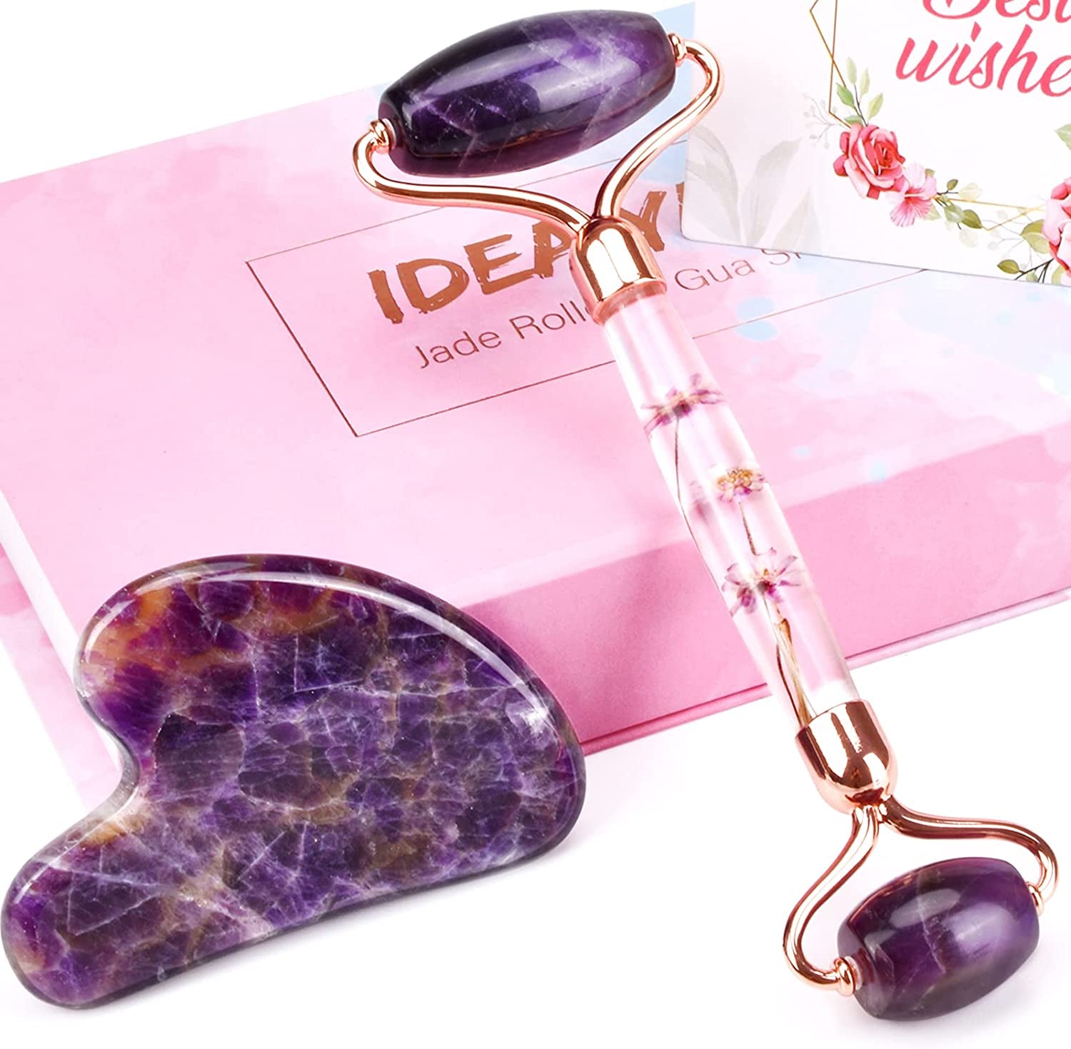 Ideayard Face Roller and Gua Sha Set - Jade Roller anti Aging Massager Tool - Natural Jade Roller for Face and Guasha Stone for Body - Beauty Roller Skin Care Tools Kit for Slimming & Firming Health & Beauty > Personal Care > Cosmetics > Cosmetic Tools > Skin Care Tools ideayard Purple-flower set  