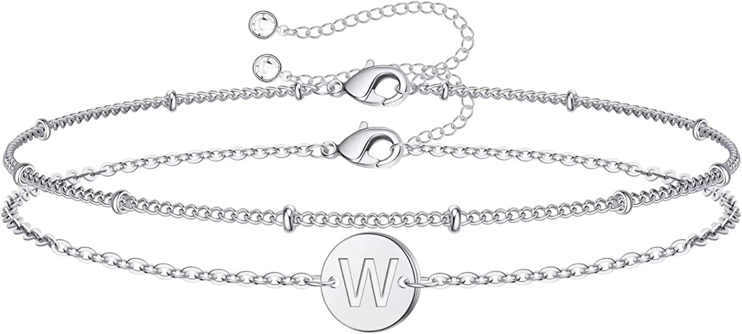 Silver Initial Bracelets for Women Teen Girls, 14K White Gold Filled Layered Letter Initial Bracelet Dainty Disc Initial Charm Bracelets Silver Bracelets for Women Girls Jewelry Gifts for Girls Apparel & Accessories > Jewelry > Bracelets MONOZO W  