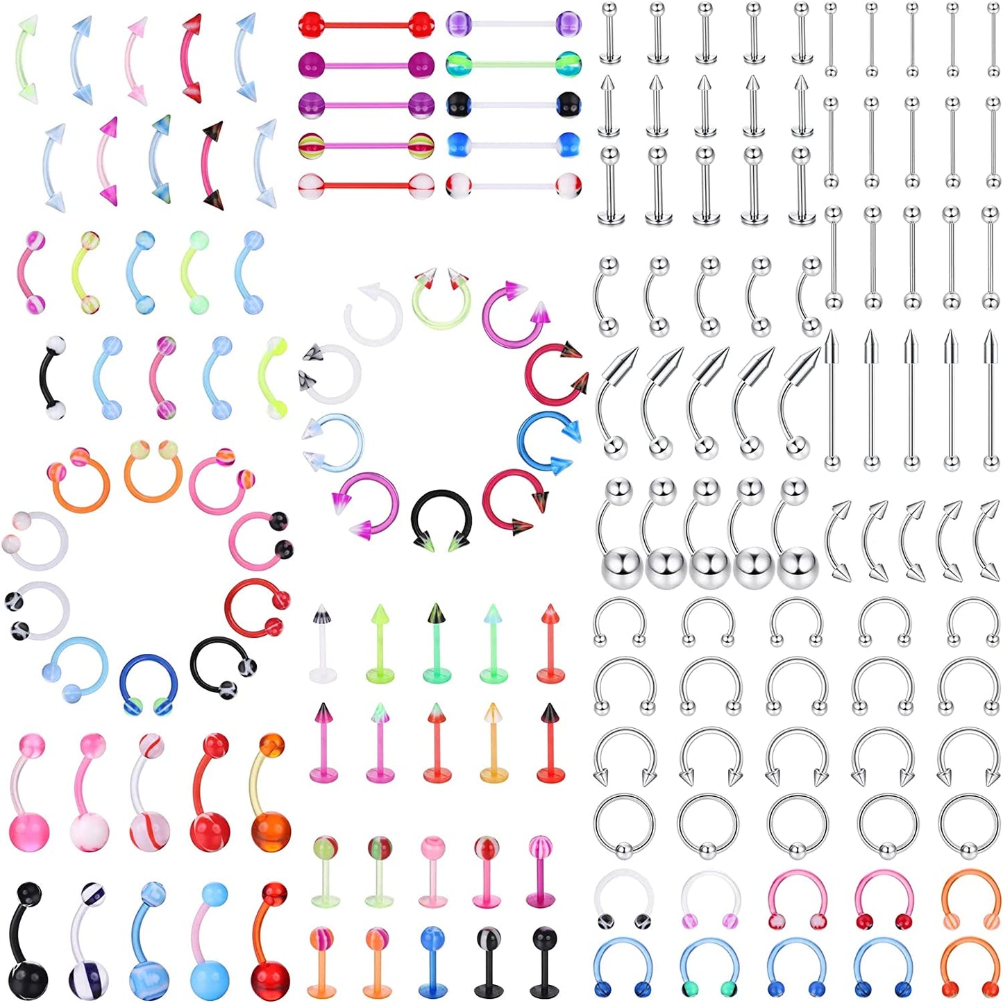Ubjuliwa 148Pcs - 185Pcs Body Piercing Jewelry for All Piercings, Tongue Nipple Rings Eyebrow Lip Belly Button Barbell Nose Piercing Tragus Navel Body Jewelry for Women Piercings 14G-18G Apparel & Accessories > Jewelry > Body Jewelry Ubjuliwa style4  